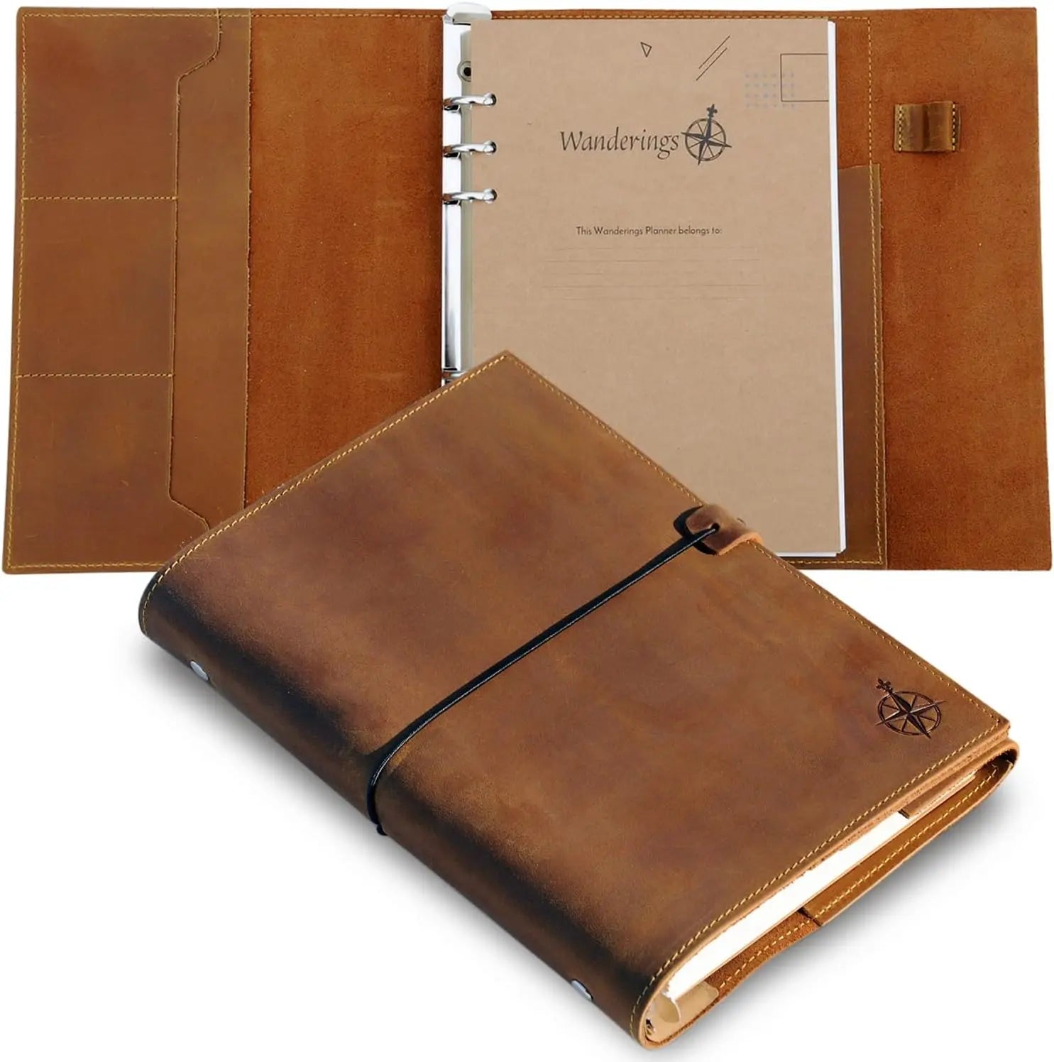 Refillable A5 Leather Binder Planner with 6 Rings, Inner Pockets, and 2026/27 Calendar