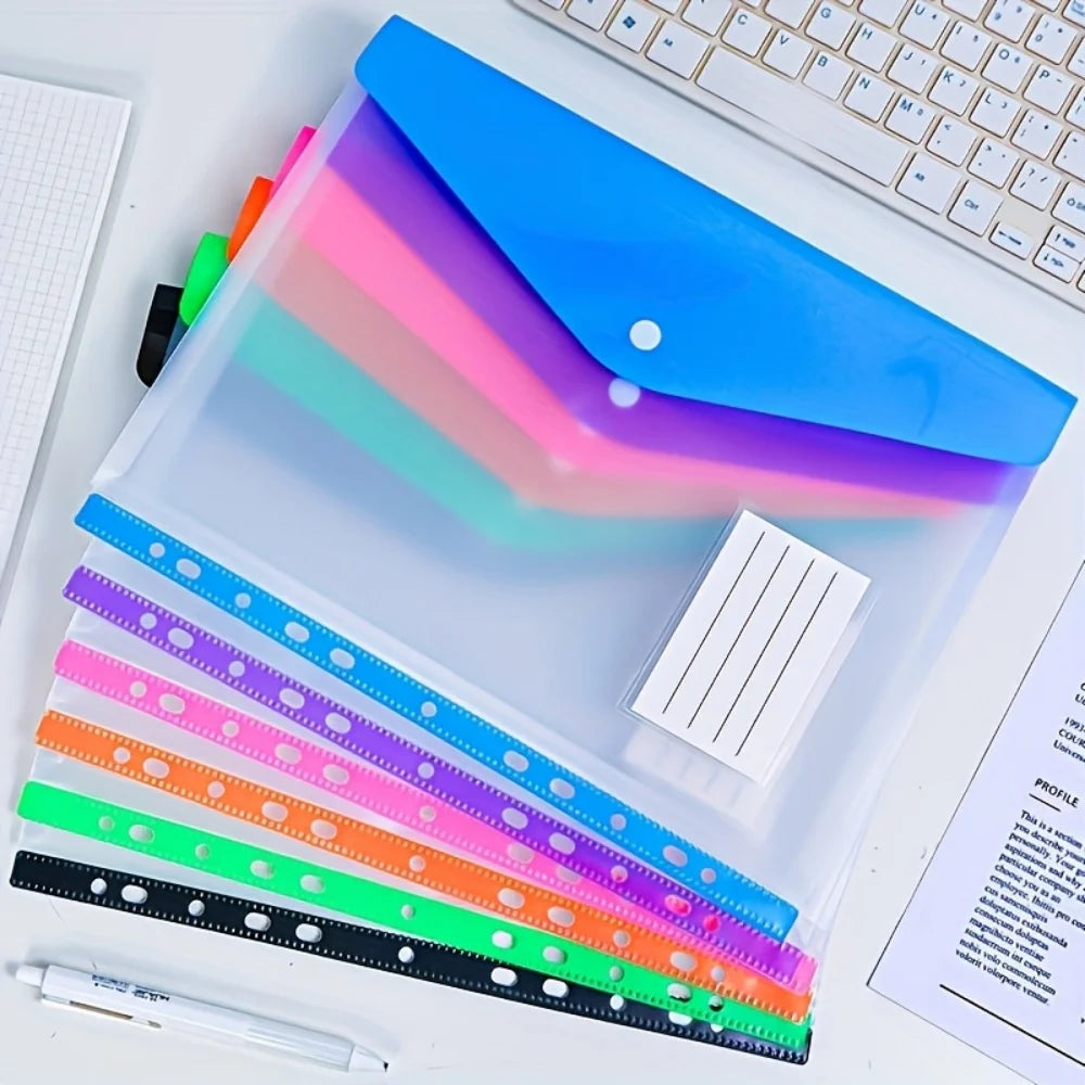 6pcs Plastic Envelope With Adhesive Snaps & 11 Holes File Folder Expansion Bag For 2/3/4 Ring A4 File Bag File Bag School Office