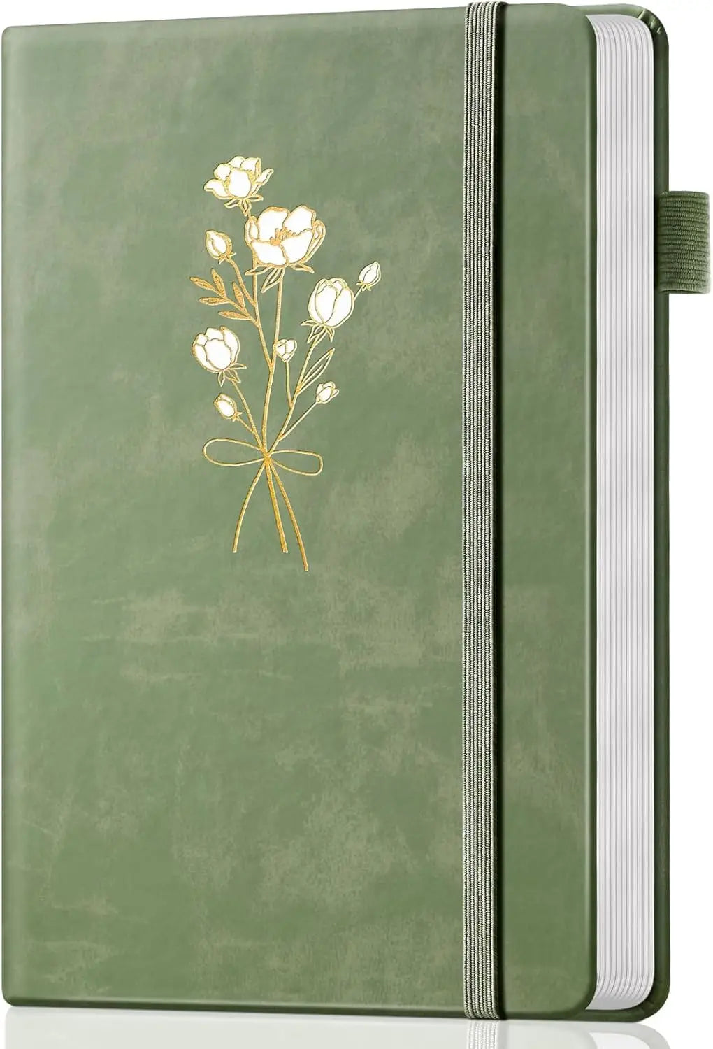 A5 Leather Journal for Girls, 192 Pages with Heart-Shaped Shadow Design, Green Floral Cover Notebook for Writing