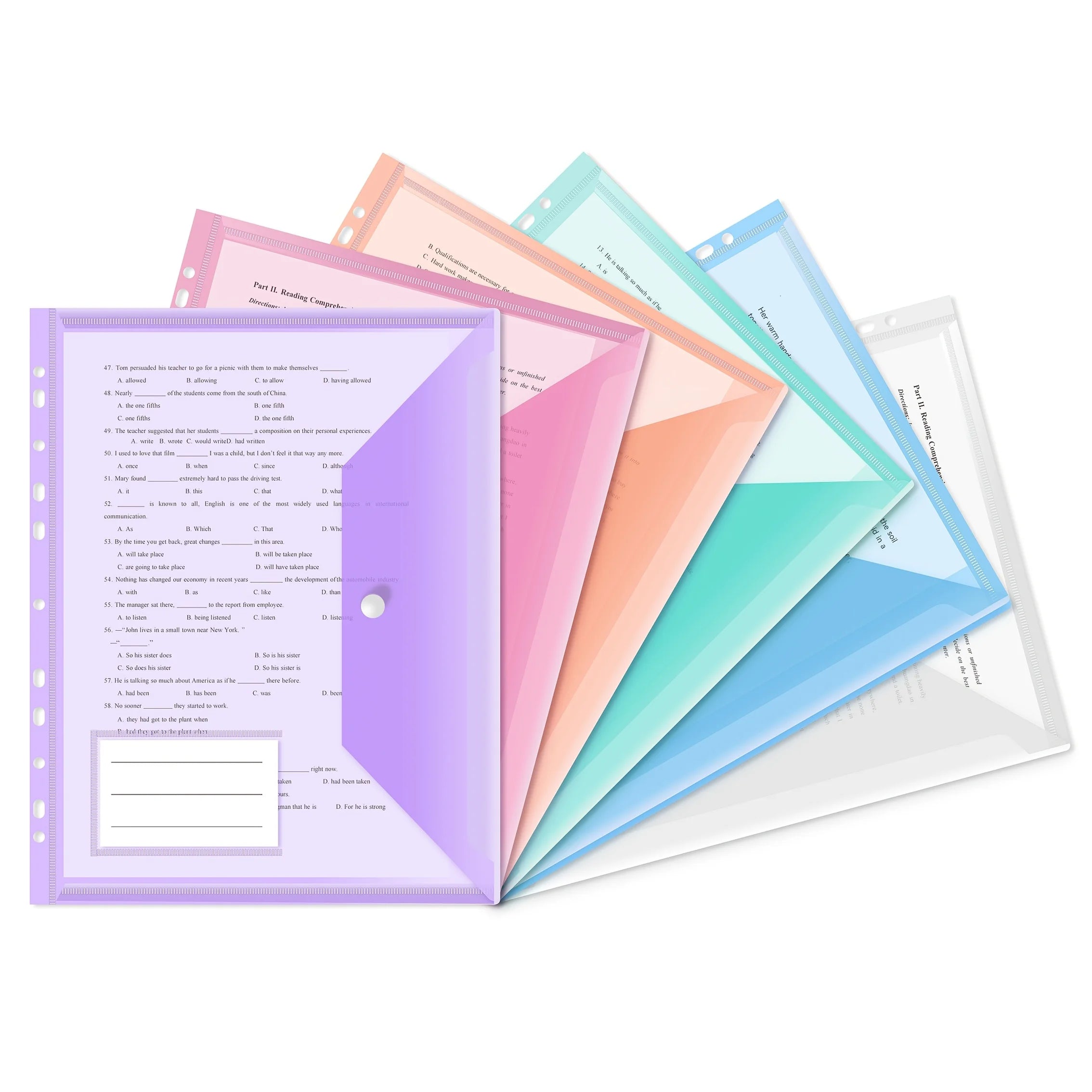 6/12pcs 11-Hole A4 Binder Pockets | Transparent Colorful PP File Bags & Label Pocket - Document Organizer for School Office Home